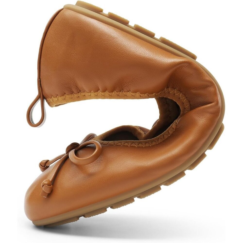 Women's Brown Flats Foldable Ballet Bowknot Round Toe Comfort Light Weight - Picture 6 of 8